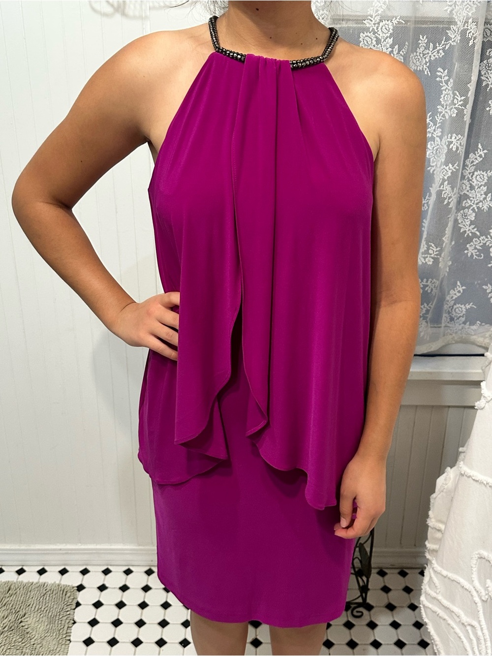 Beaded Halter Dress in Magenta
